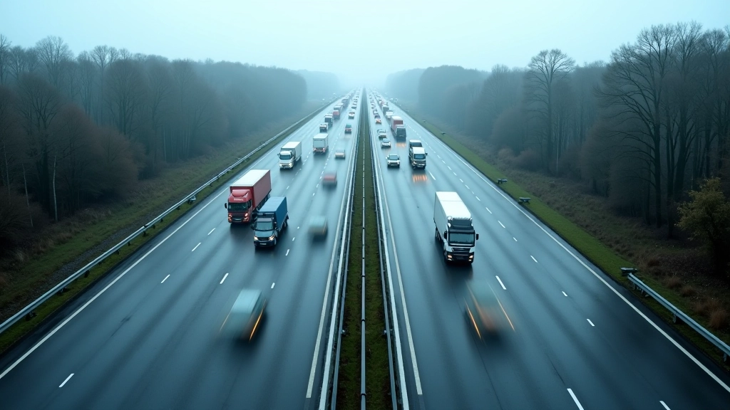 Aerial view of German Autobahn with multiple lanes and heavy truck traffic
