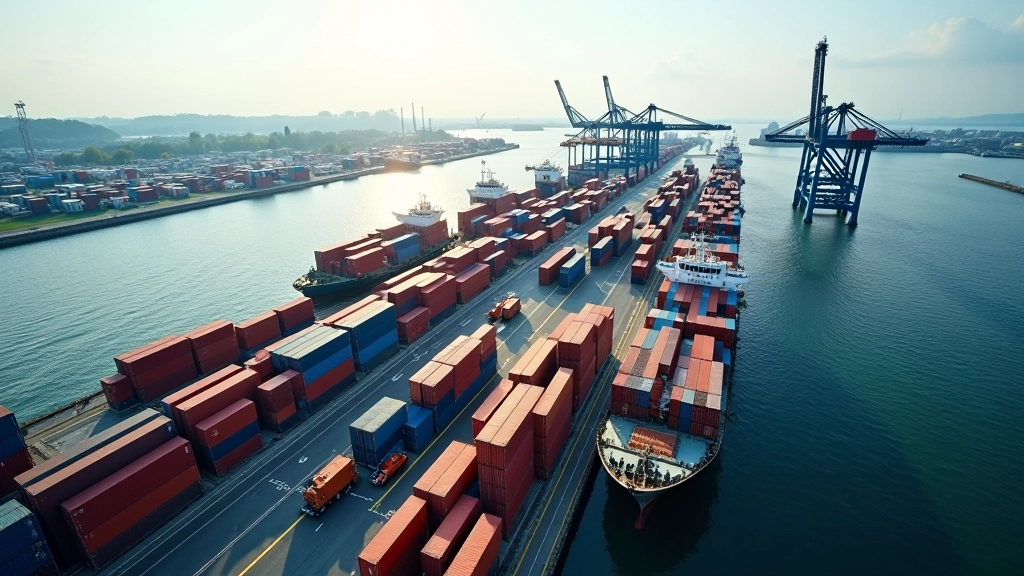 Luftaufnahme deutscher Hafenanlage mit Containerbeladung