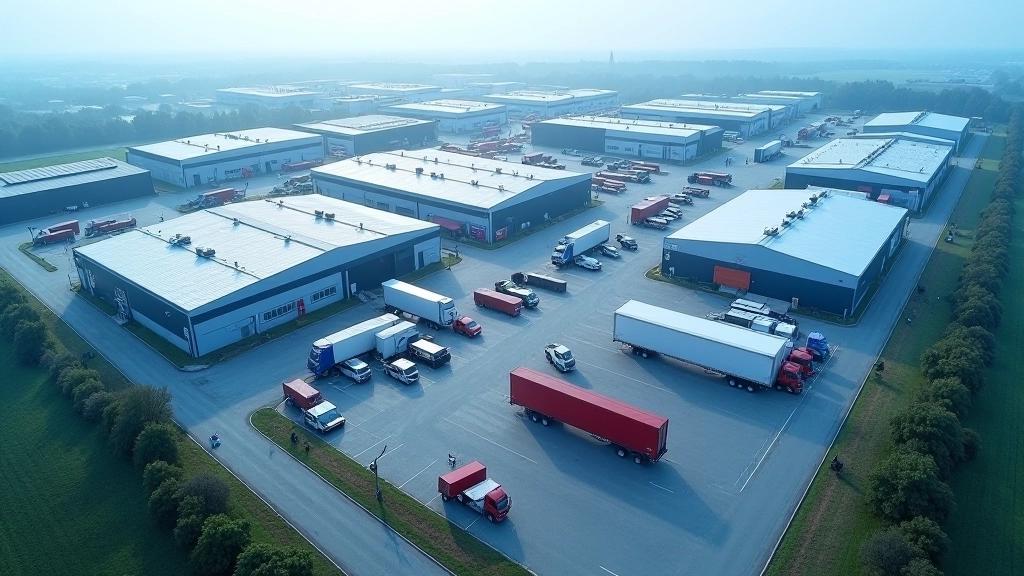 Luftaufnahme eines Industrieparks mit mehreren Fabrikgebäuden und Verkehrswegen in Süddeutschland