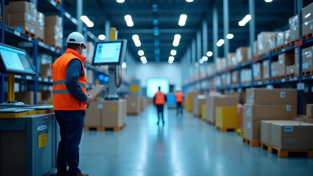Modernes Logistiklager mit automatisierten Systemen und Echtzeit-Tracking-Display