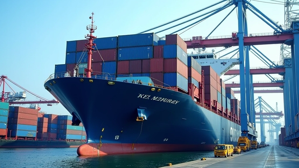 Containerschiff beim Entladen in modernem Hafen mit Kränen und Containergestapel
