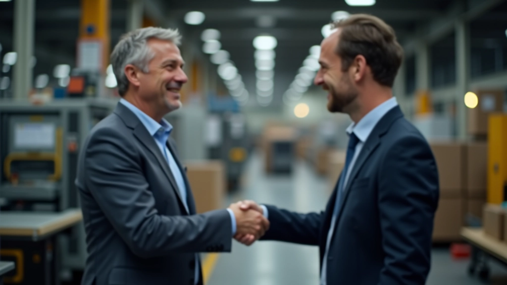 Mittelständischer Fabrikbesitzer mit Mitarbeitern in einer Produktionsstätte, Handschlag symbolisiert Partnerschaft