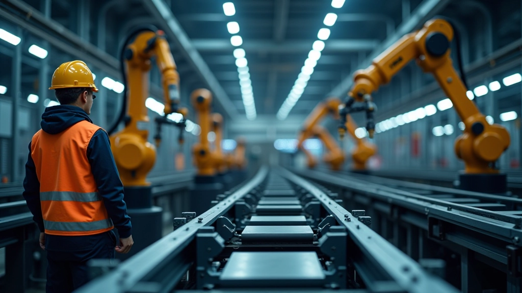 Moderne Fertigungshalle mit automatisierten Roboterarmen und Fließbändern, Arbeiter in Sicherheitsausrüstung überwachen die Produktion