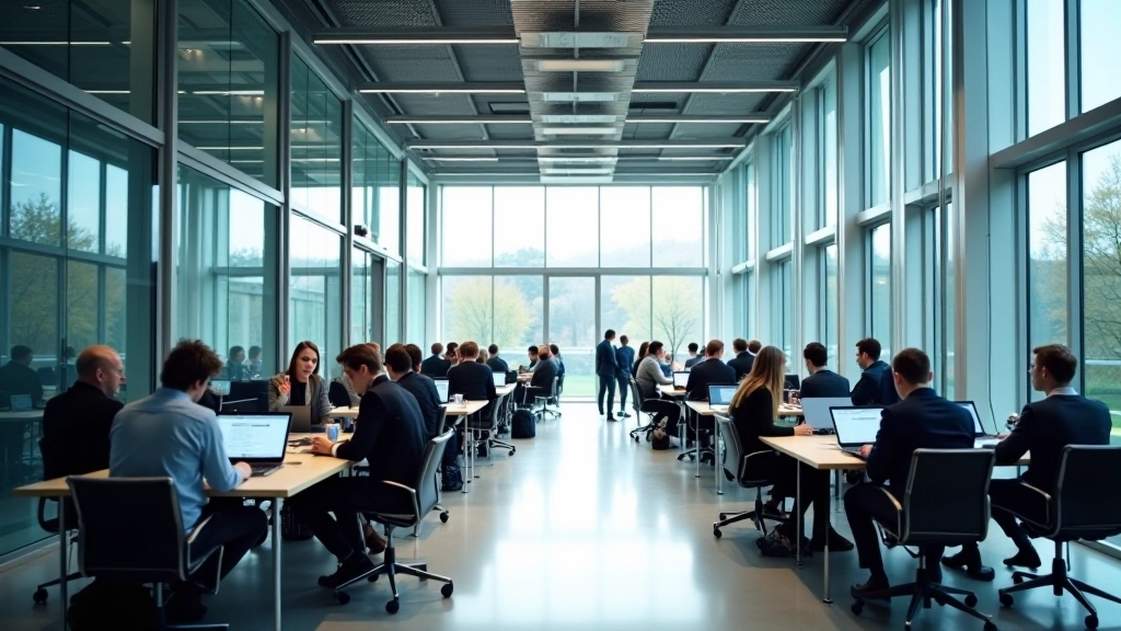 Universitätsgebäude mit moderner Architektur, Studenten und Forschern mit Laptops in einer Lobby, Innovationszentrum