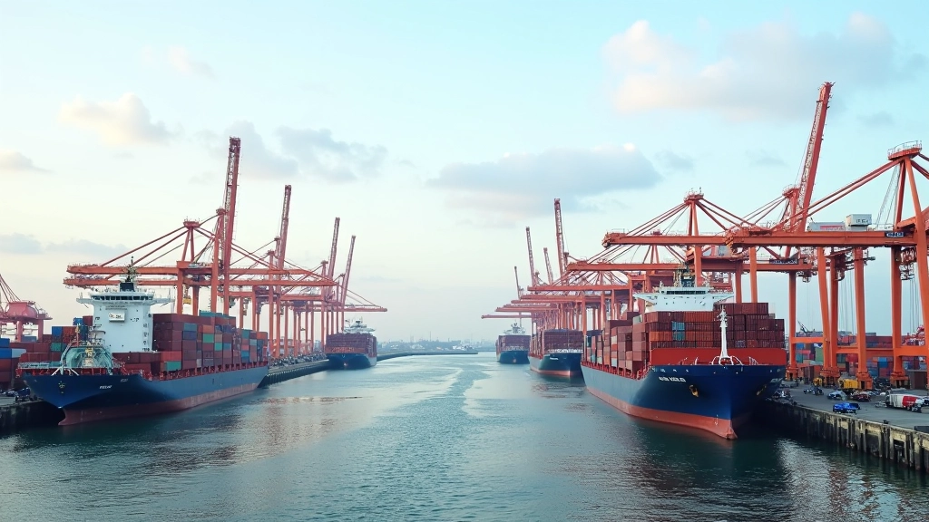 Hafenanlage mit großen Containerkränen, gestapelten Containern und Binnenschiffen bei der Ladung, moderne Logistik-Infrastruktur