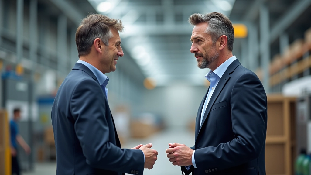 Geschäftsmänner in einer Fabrik in Deutschland besprechen Lieferkettenstrategie